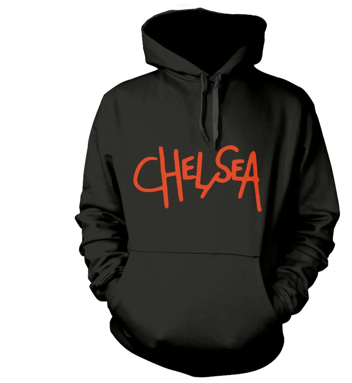 Black hoodie with red “Chelsea” script across the chest.