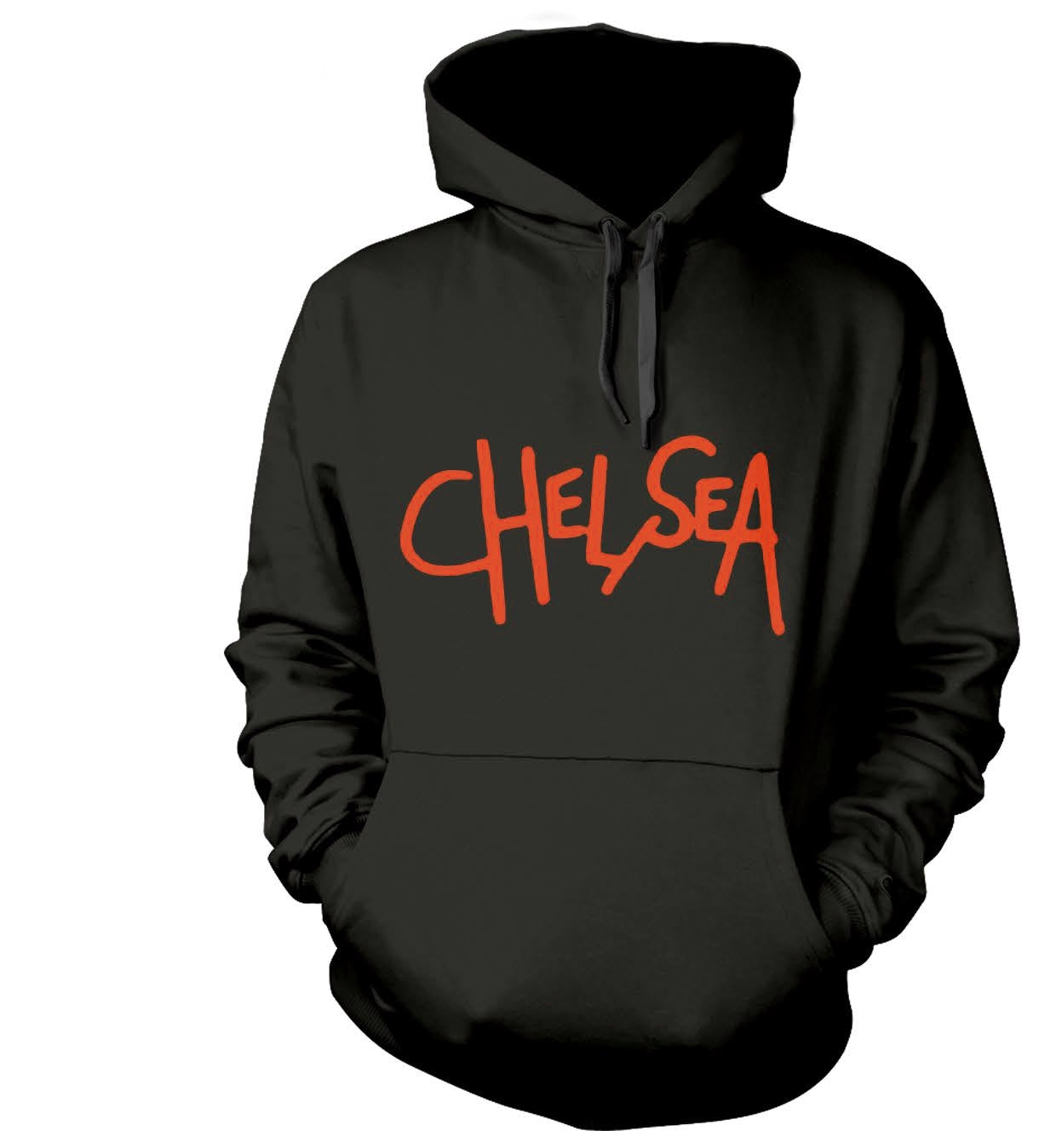 Black hoodie with red “Chelsea” script across the chest.