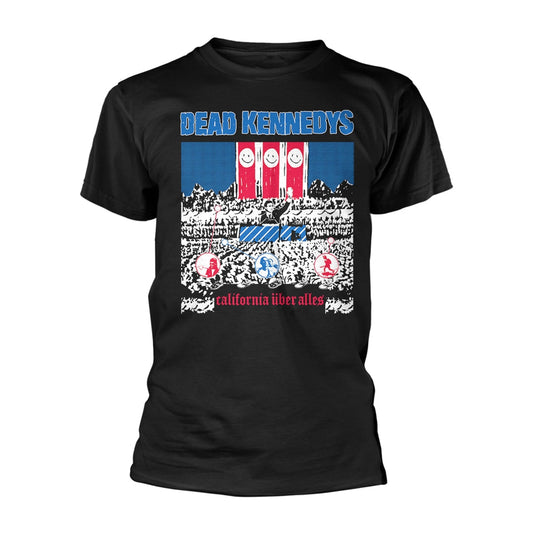Black t-shirt with a blue and red Dead Kennedys “California Über Alles” design.