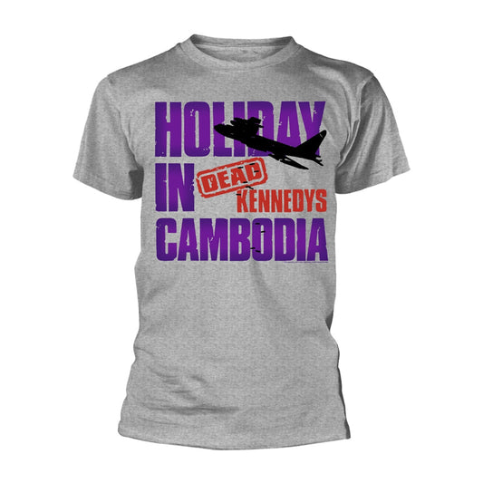 Grey t-shirt with purple and red "Holiday in Cambodia" text design.