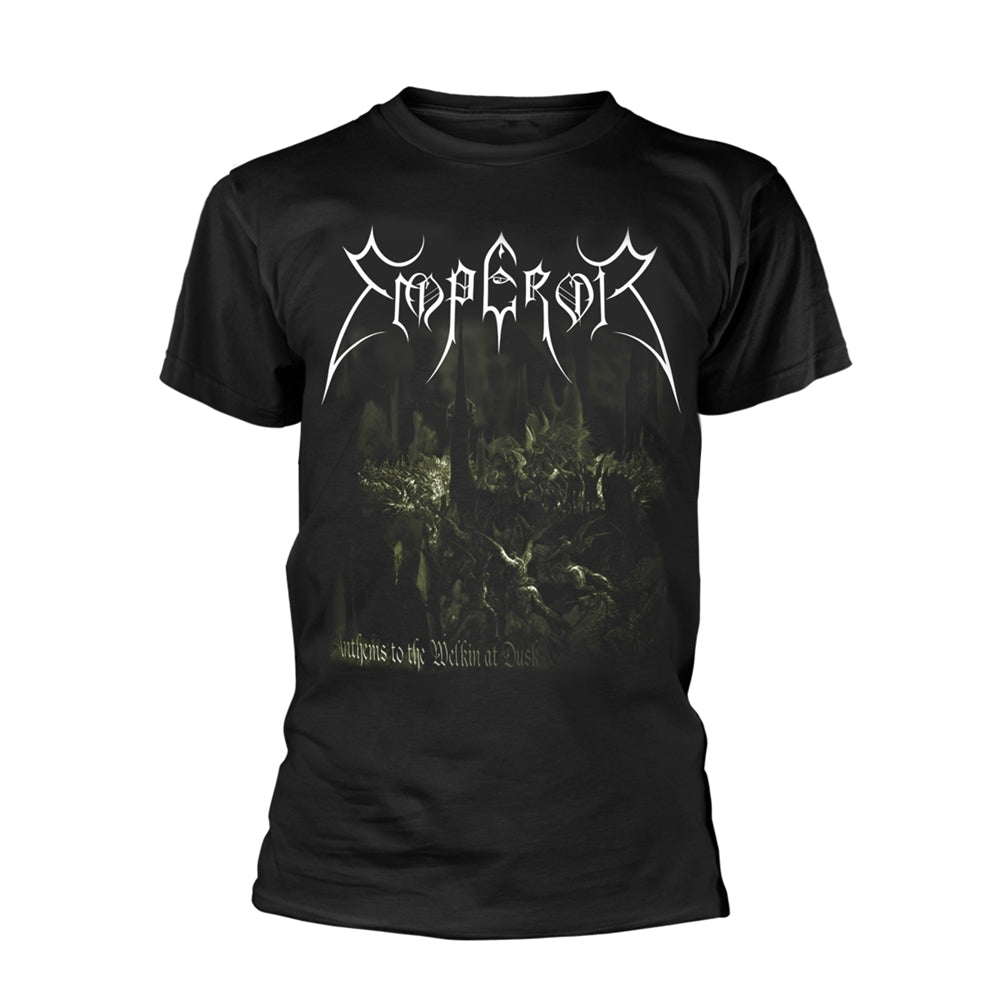 Black t-shirt with white "Emperor" band logo and forest artwork.