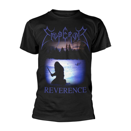 Black t-shirt with a blue and purple landscape and band logo.