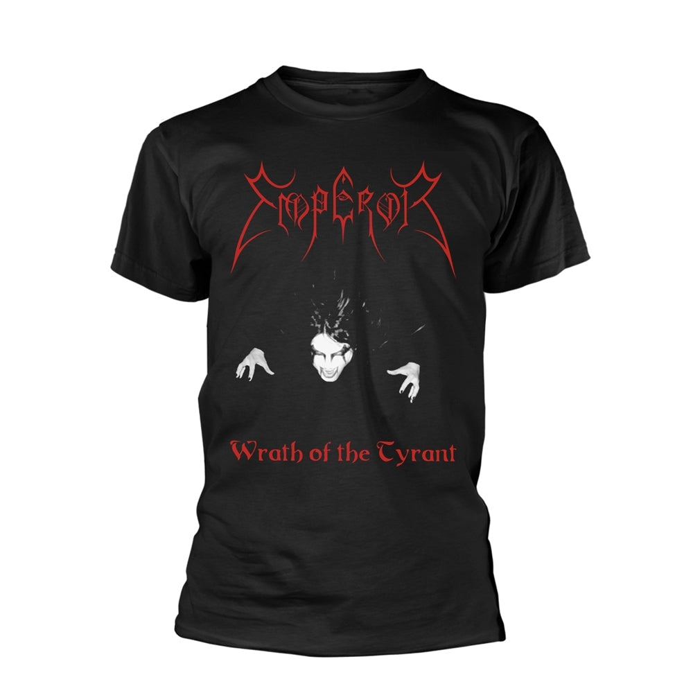 Black t-shirt with red and white Emperor band logo and graphic.