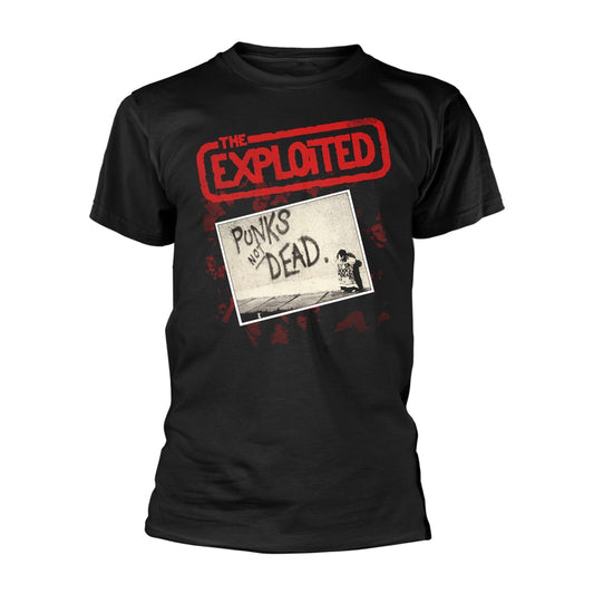 Black t-shirt with "The Exploited" band logo and "Punks Not Dead" graphic.
