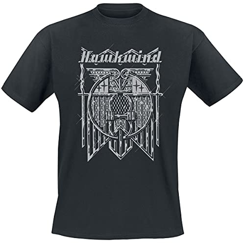 Black t-shirt featuring a grey Hawkwind Doremi graphic print on the chest.