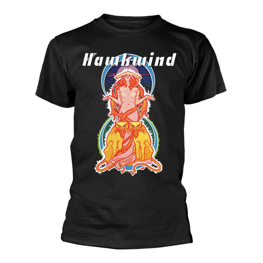 Black t-shirt with a colorful, stylized illustration of a seated figure.