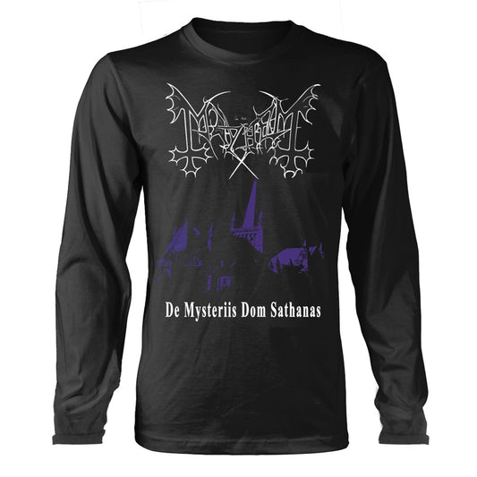 Black long-sleeve shirt with Mayhem band logo and castle graphic.