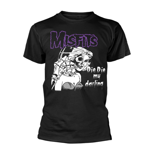 Black t-shirt with white and purple Misfits skull and text design.