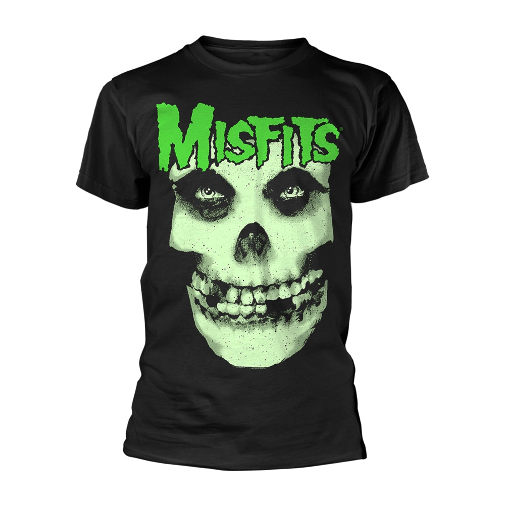 Black t-shirt with a green and white skull and "Misfits" text.