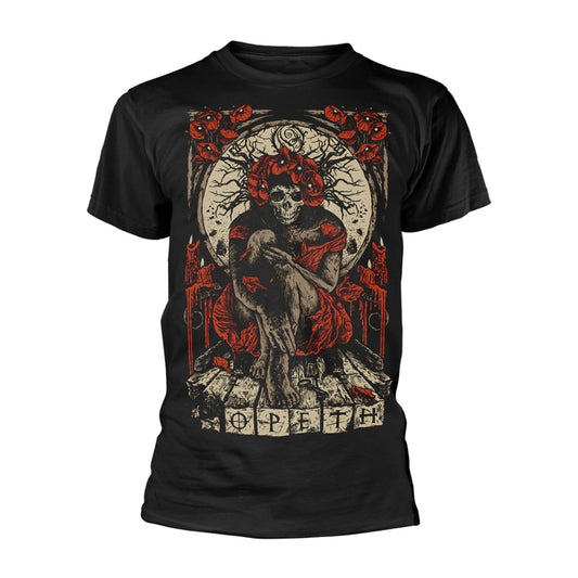 Black t-shirt with a detailed, gothic illustration of a skeletal figure.
