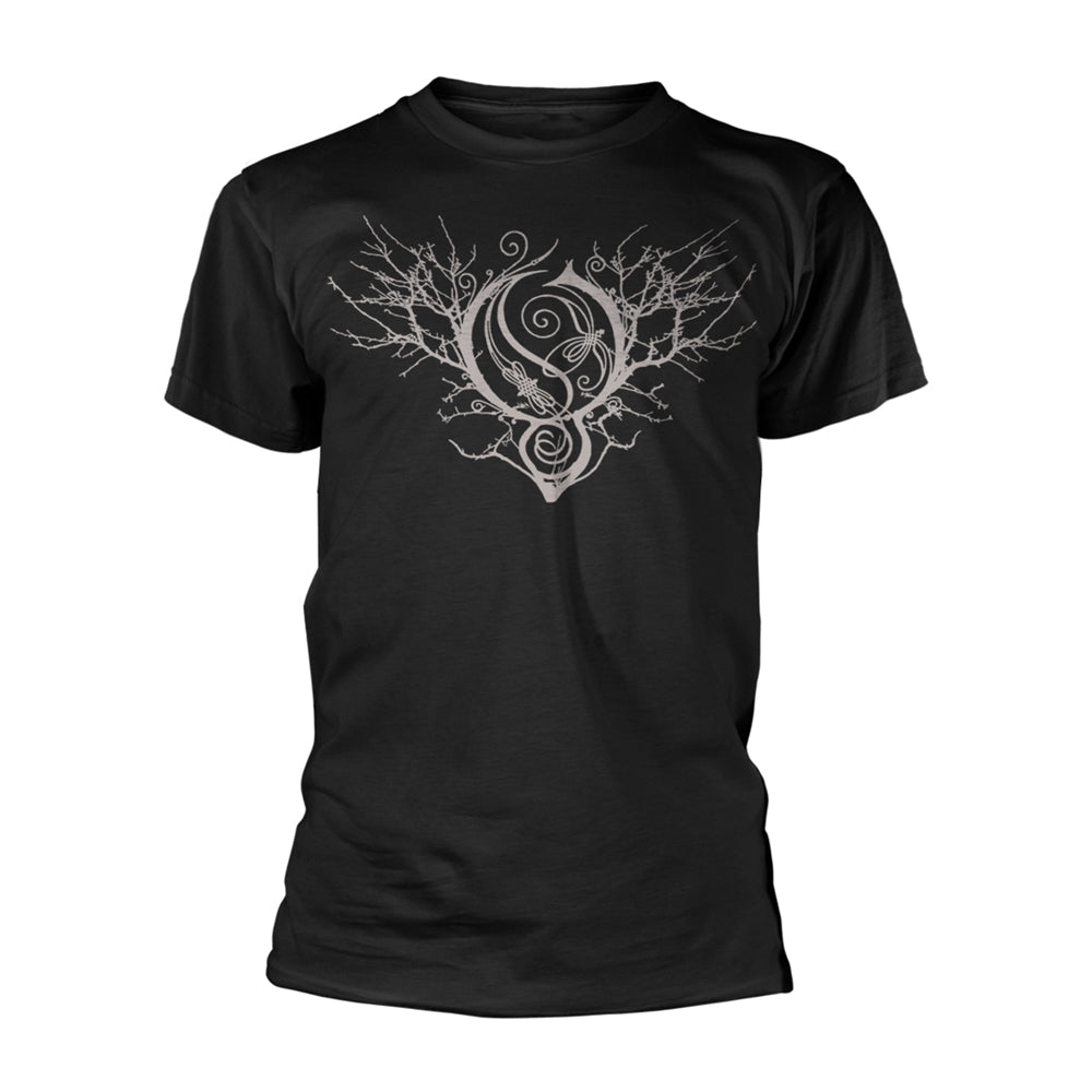 Black t-shirt with a white, intricate tree and spiral design.