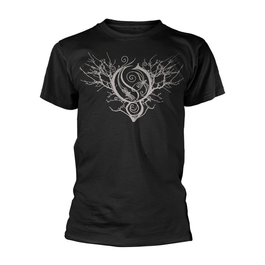 Black t-shirt with a white, intricate tree and spiral design.