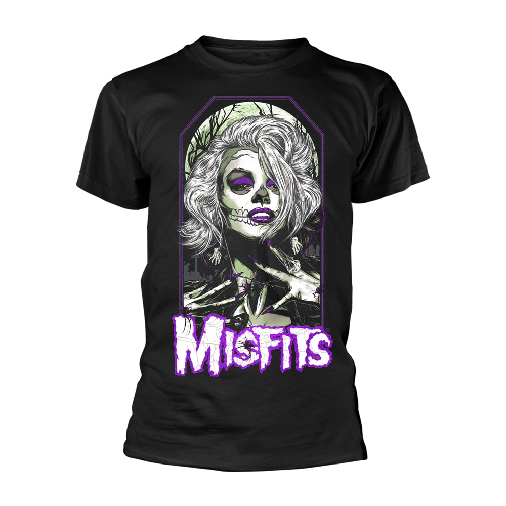 Black t-shirt with a skull-like woman and "Misfits" text graphic.