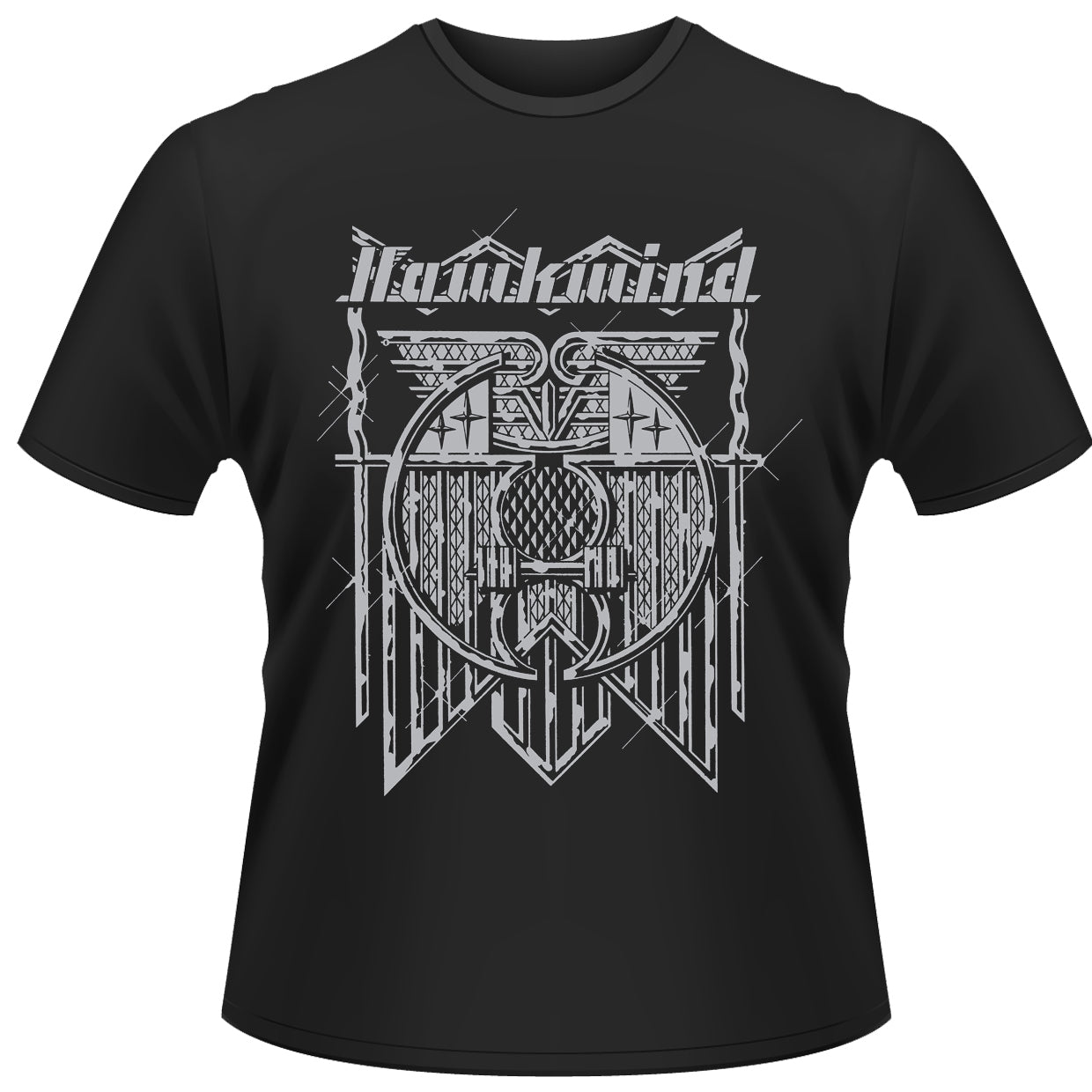 Black t-shirt with a silver Hawkwind band logo and graphic design.