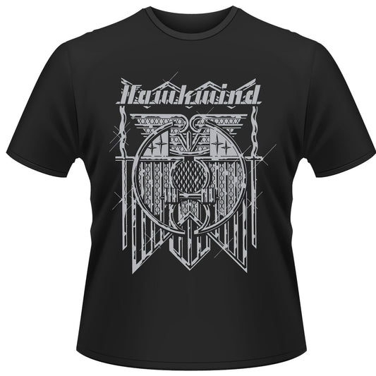 Black t-shirt with a silver Hawkwind band logo and graphic design.