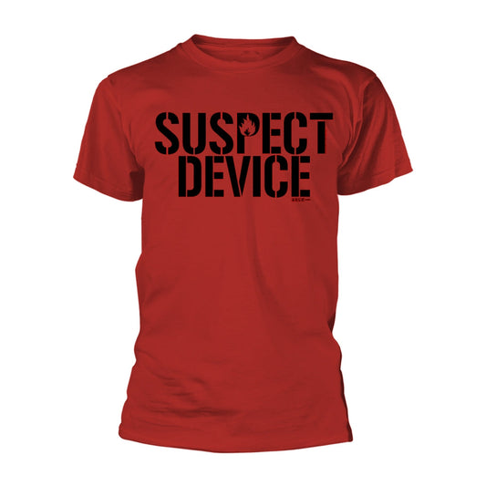Red women’s skinny fit t-shirt with “Suspect Device” text and graphic.
