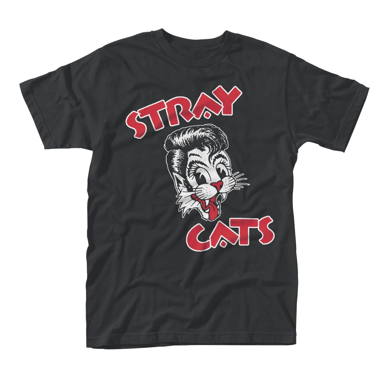 Black t-shirt with a red and white cartoon cat and "Stray Cats" text.