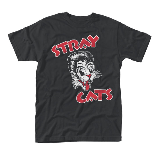Black t-shirt with a red and white cartoon cat and "Stray Cats" text.