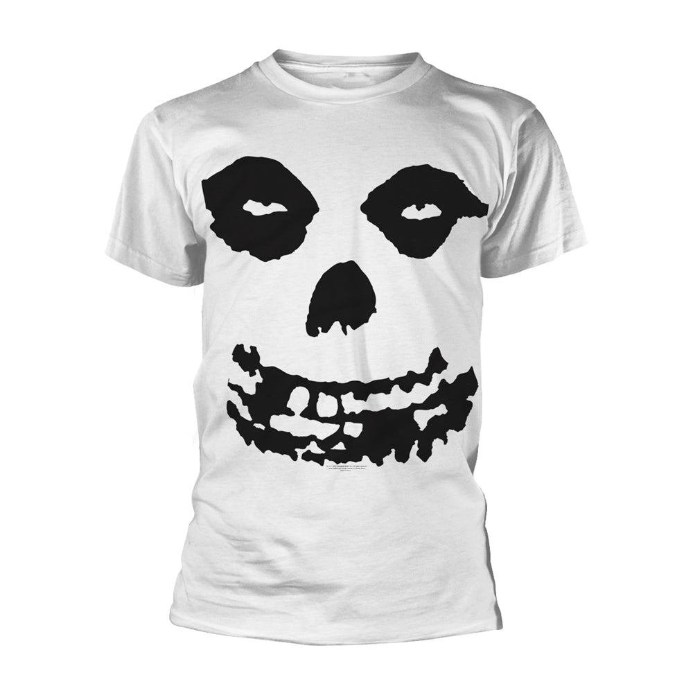 White sweatshirt with a large black skull graphic on the front.