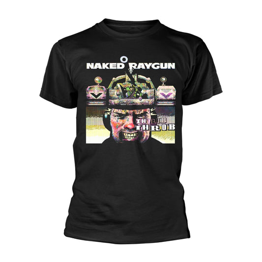 Black t-shirt with colorful “Naked Raygun ‘Throb Throb’” album art.