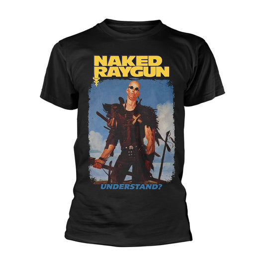Black t-shirt with illustration of a figure and band name "Naked Raygun".