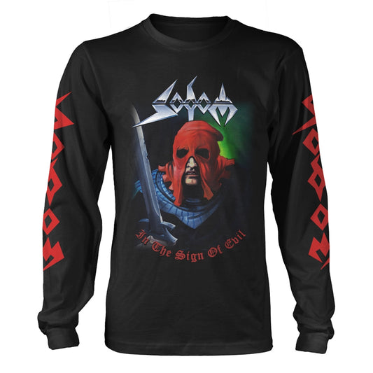Black longsleeve shirt with a skull and sword graphic, band logo.