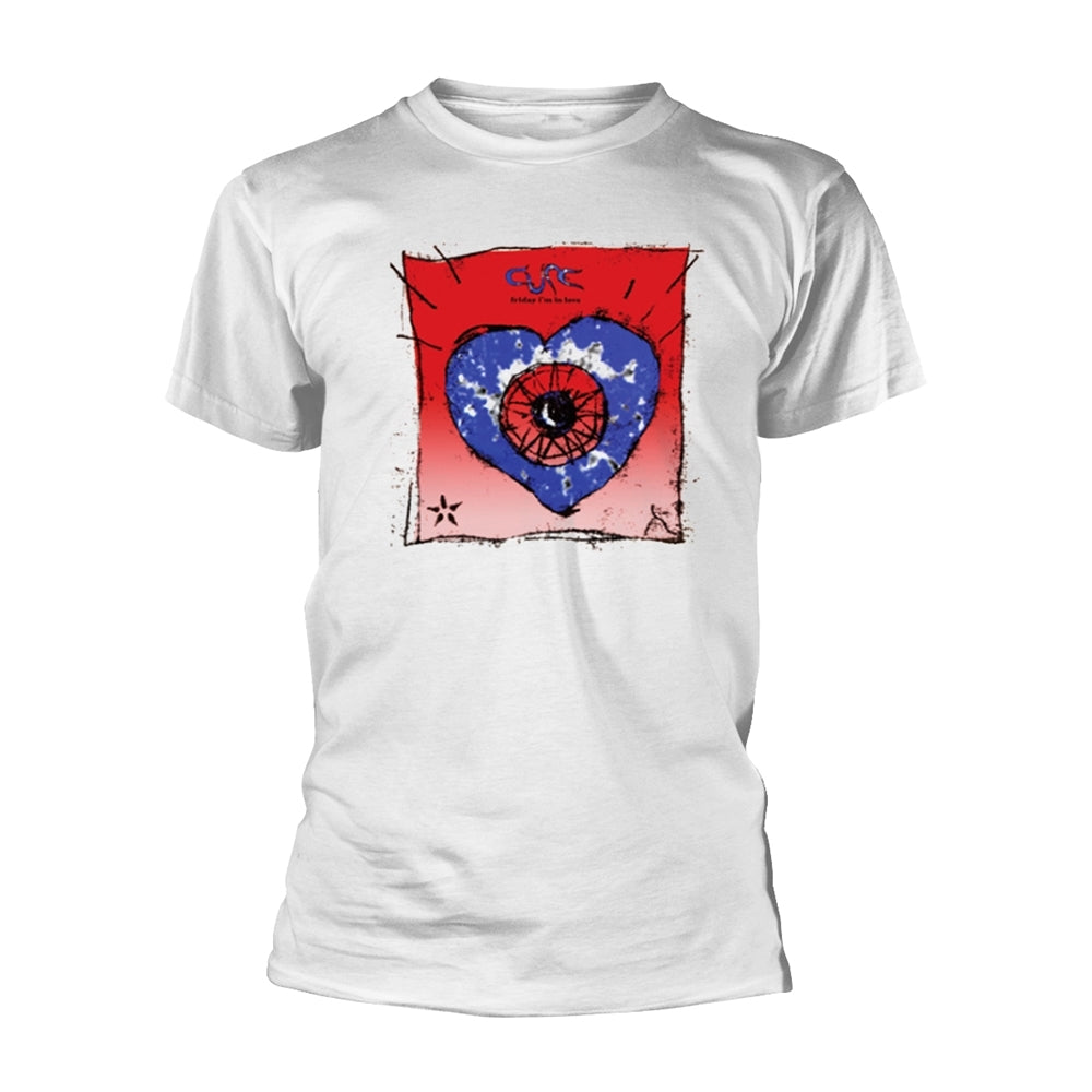 White t-shirt with a red heart and “The Cure” logo design.