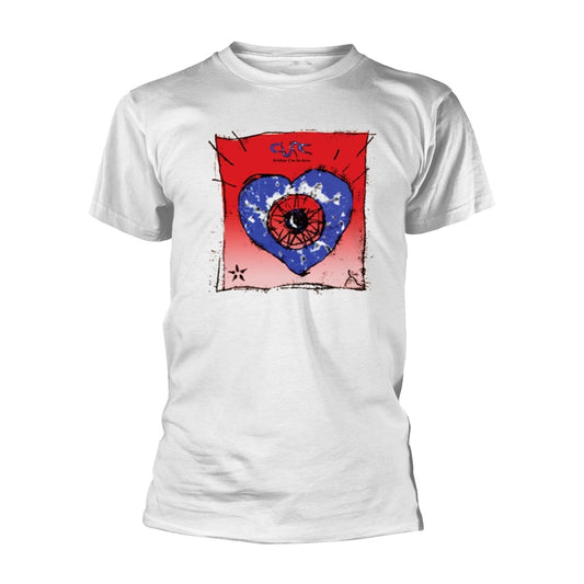 White t-shirt with a red heart and “The Cure” logo design.