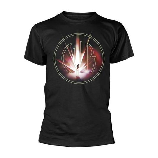 Black t-shirt with circular Smashing Pumpkins "CYR" album artwork design.