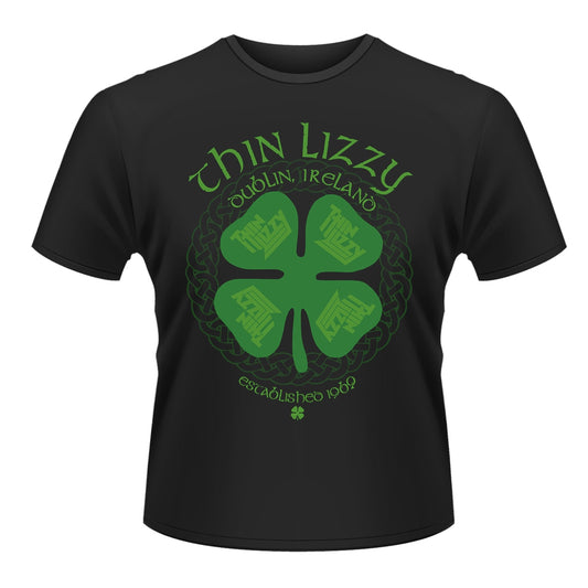 Black t-shirt with green Thin Lizzy band logo and four-leaf clover design.