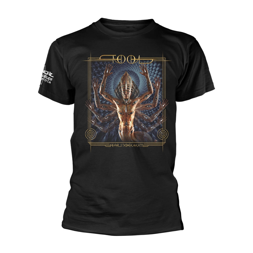 Black t-shirt with a gold, multi-eyed figure design on the front.