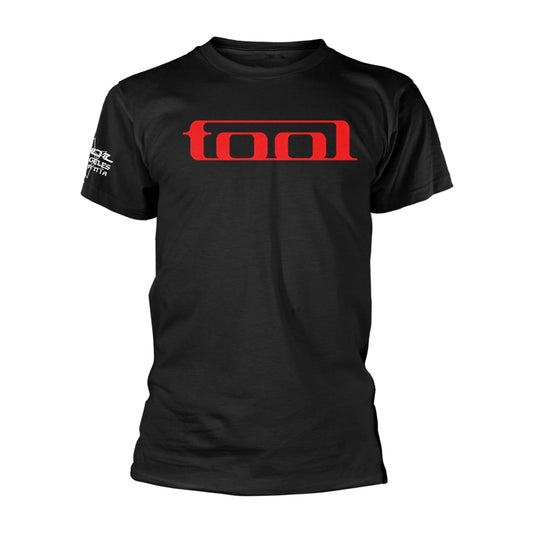 Black t-shirt with red "tool" logo centered on the chest.