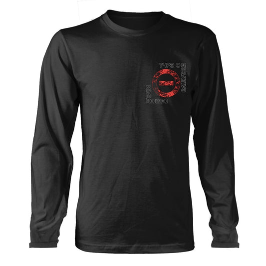 Black long sleeve shirt with red and white graphic design.