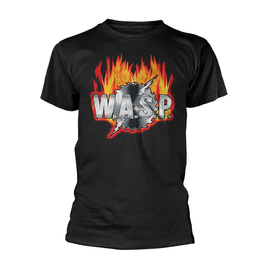 Black W.A.S.P. t-shirt with a metallic logo and flame design.