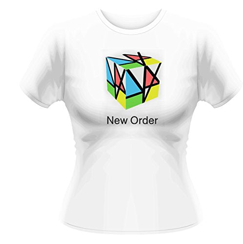 White short-sleeve t-shirt with a colorful Rubik's cube graphic and New Order text.