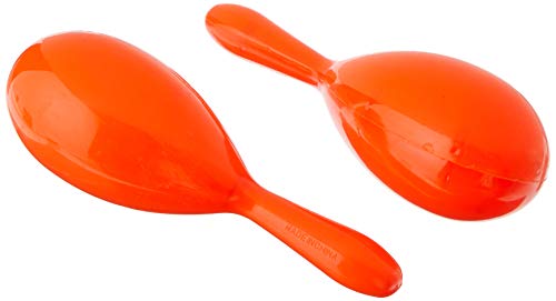 Pair of bright orange plastic maracas, viewed from above.