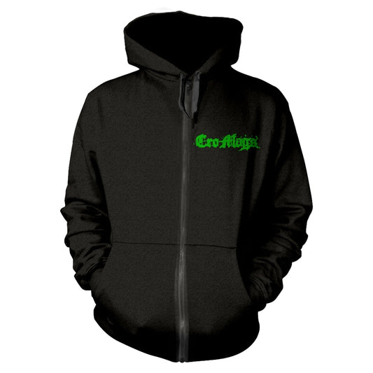 Black zip-up hoodie with green “Cro-Mags” logo on the chest.