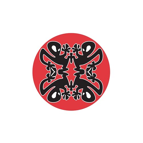 Red vinyl record label with symmetrical black floral-like design.