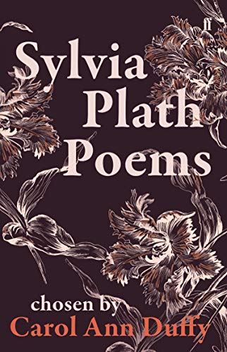 Book cover with dark purple background, floral illustrations, and white text reading Sylvia Plath Poems.