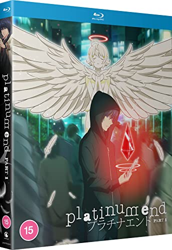 Platinum End" Blu-ray cover featuring a hooded figure, an angel, and red crystals.