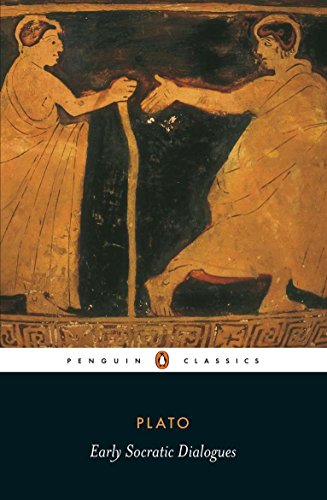 Book cover featuring ancient Greek pottery art of two figures, titled Early Socratic Dialogues.