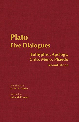Red book cover with gold and green text: "Plato: Five Dialogues.