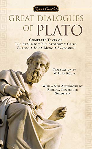 Book cover: “Great Dialogues of Plato” featuring a bust of a bearded man.