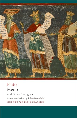 Book cover depicting three figures in robes holding scrolls, with text “Plato Meno”.