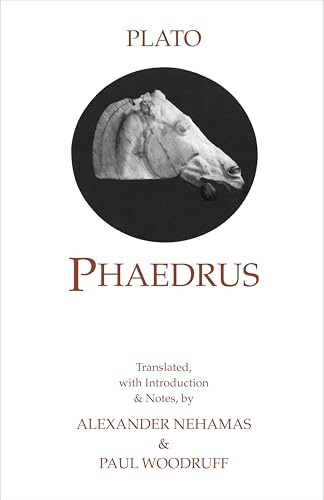 Book cover of Plato's Phaedrus featuring a horse head sculpture in a black circle.