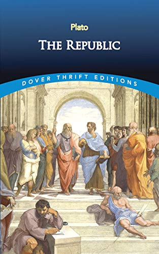 Book cover of Plato’s “The Republic” with a classical painting of philosophers.
