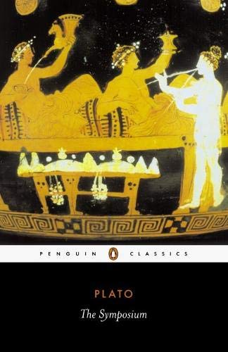 "Book cover of 'The Symposium' by Plato, featuring an ancient Greek vase painting."