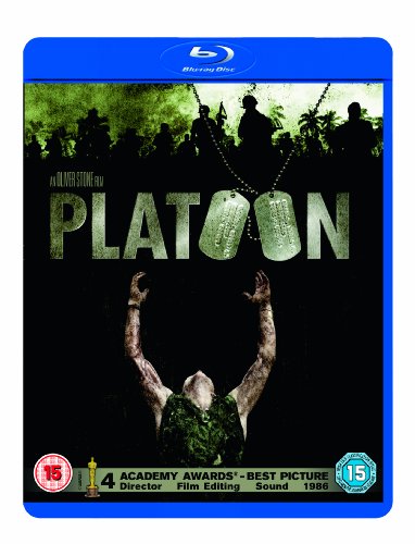 Platoon" Blu-ray cover: soldiers in jungle, man with arms raised, dark tones.