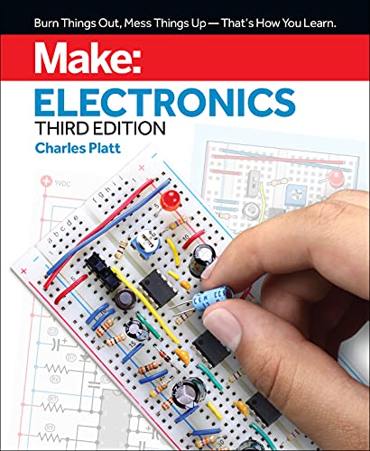 Book cover for Make: Electronics Third Edition showing a hand placing a component on breadboard.