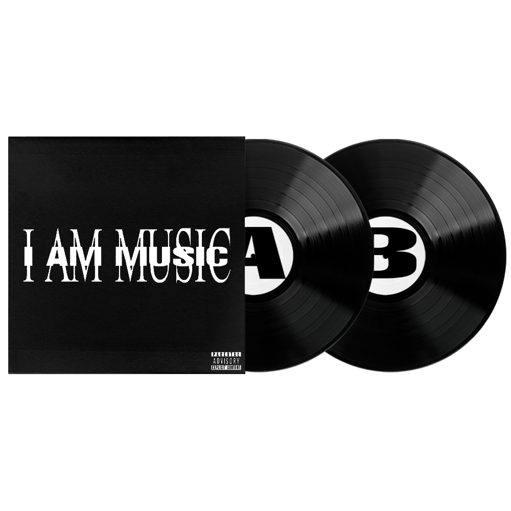 Black vinyl record cover with "I AM MUSIC" text and two black discs.